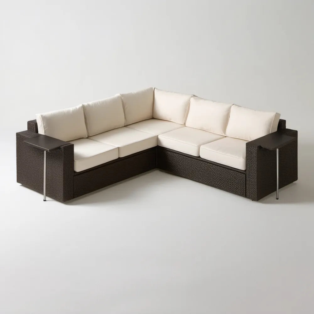 Narożna sofa ogrodowa z technorattanu, ciemnobrązowa z kremowymi poduszkami, 240 x 240 x 70 cm