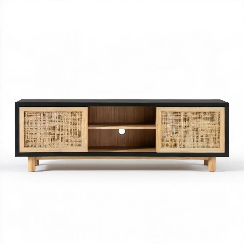Szafka RTV z MDF, stali i rattanu czarno-naturalna 160 x 40 x 55 cm
