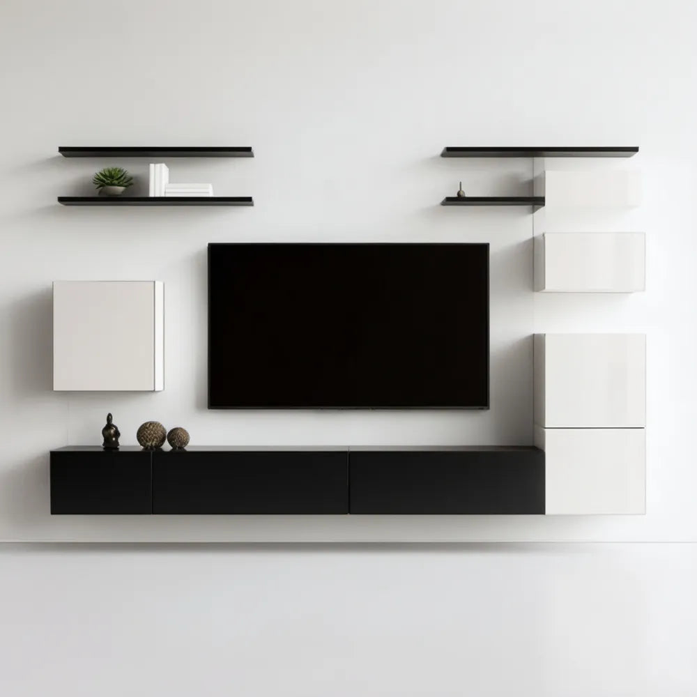Wiszczący zestaw RTV czarno-biały 300 x 40 x 180 cm