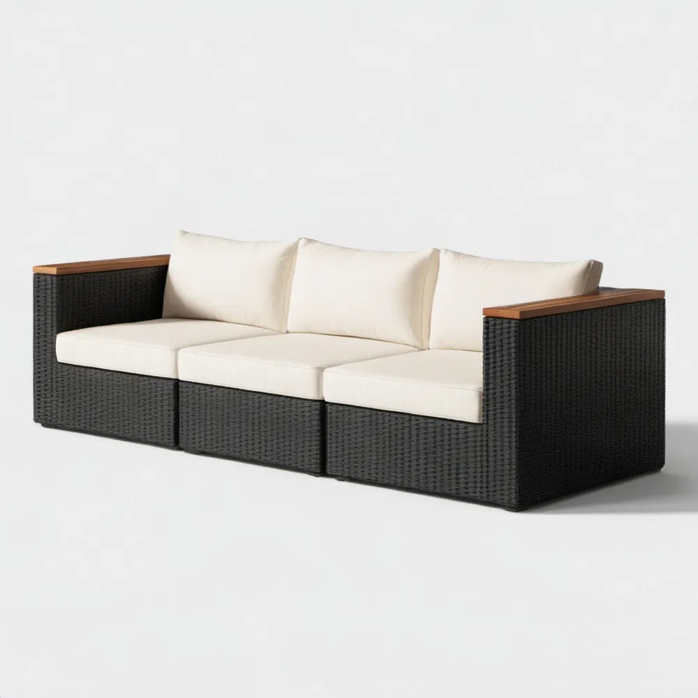 3-osobowa sofa ogrodowa z technorattanu PE, czarna z beżowymi poduszkami, 210 x 75 x 65 cm
