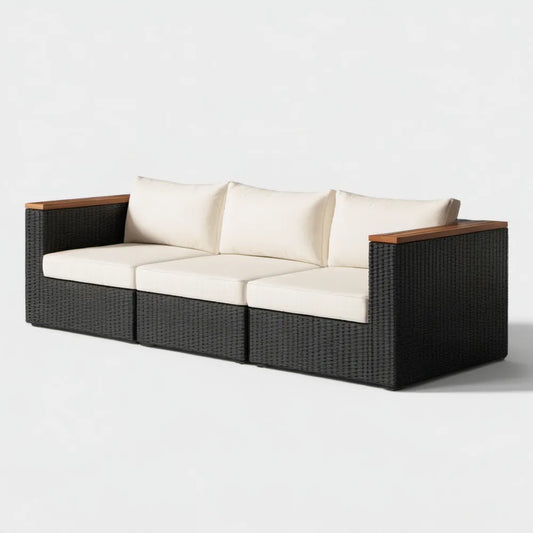 3-osobowa sofa ogrodowa z technorattanu PE, czarna z beżowymi poduszkami, 210 x 75 x 65 cm