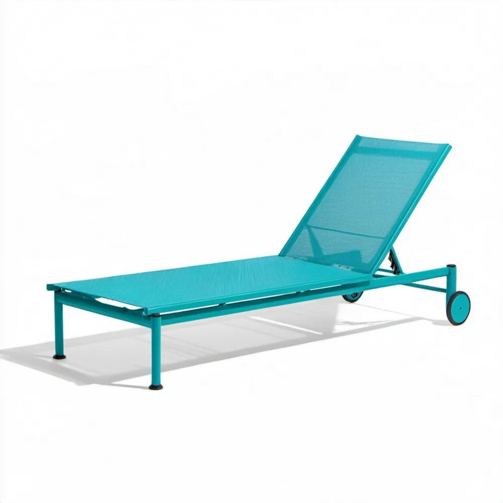 Turkusowy leżak aluminiowy z regulowanym oparciem i kółkami 195 x 65 x 31 cm