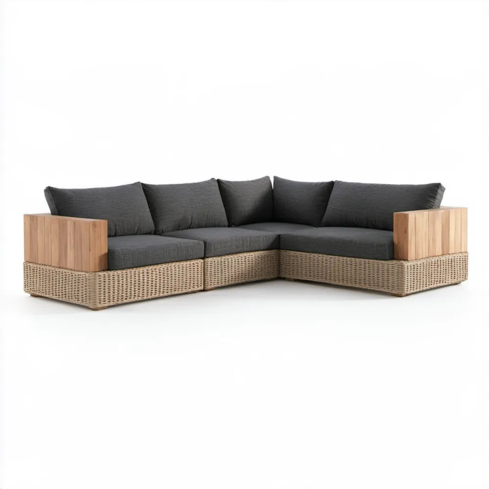 3-osobowa narożna sofa ogrodowa w kształcie L z technorattanu i drewna akacjowego, grafitowa/naturalna, 250 x 175 x 75 cm