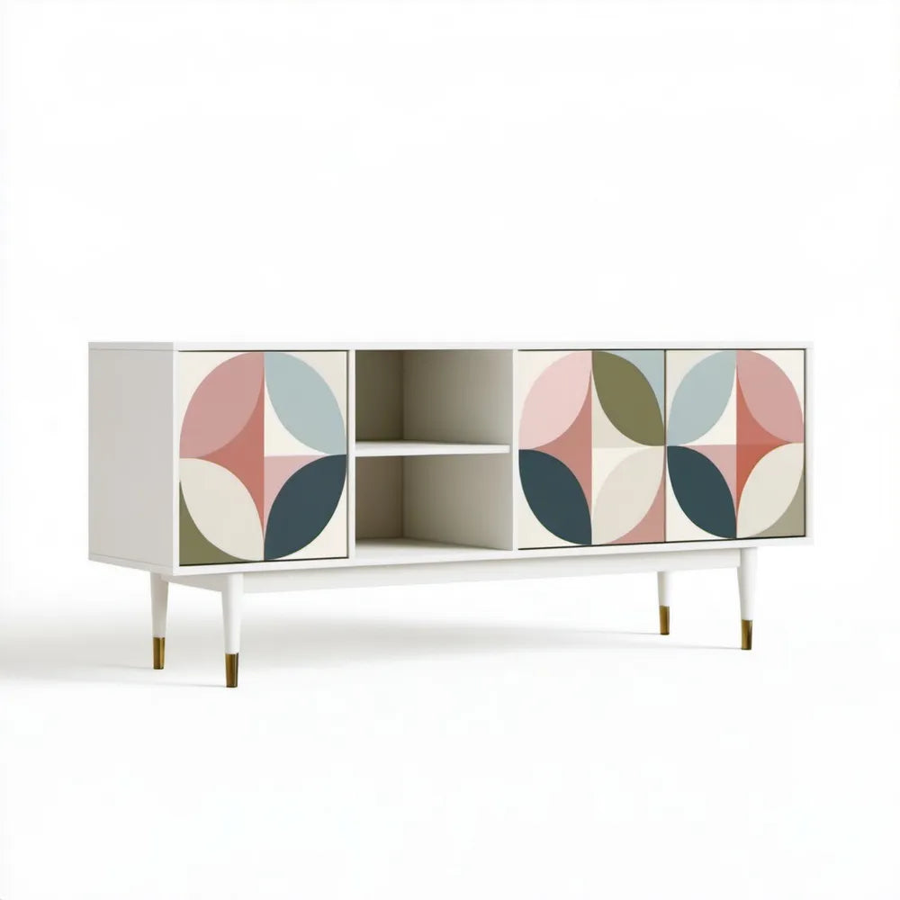 Biała szafka RTV z geometrycznym wzorem, 160 × 40 × 75 cm