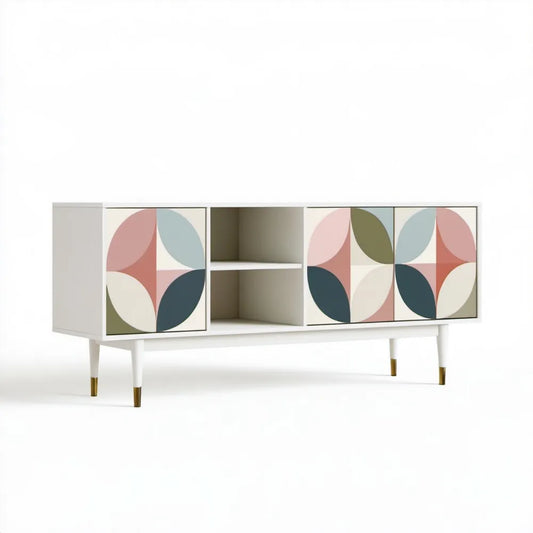 Biała szafka RTV z geometrycznym wzorem, 160 × 40 × 75 cm
