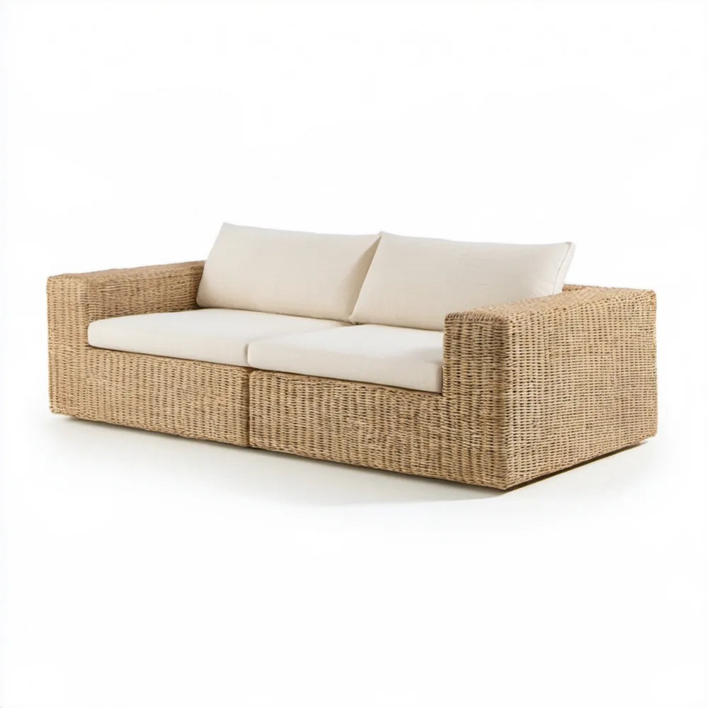 Dwuosobowa sofa ogrodowa z technorattanu beżowa z poduszkami ecru 160 x 80 x 70 cm