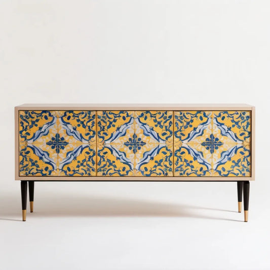 Komoda z MDF z nadrukiem ceramicznych płytek, jasny dąb/żółty/niebieski/biały/czarny/złoty, 150 × 40 × 75 cm