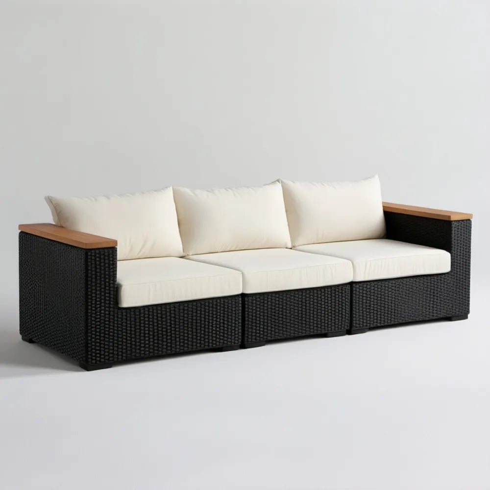 3-osobowa sofa ogrodowa z technorattanu PE, czarno-brązowa z kremowymi poduszkami, 210 x 75 x 65 cm