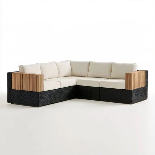 5-osobowa narożna sofa ogrodowa z technorattanu i drewna akacjowego, czarno-beżowa, 245 x 245 x 68 cm