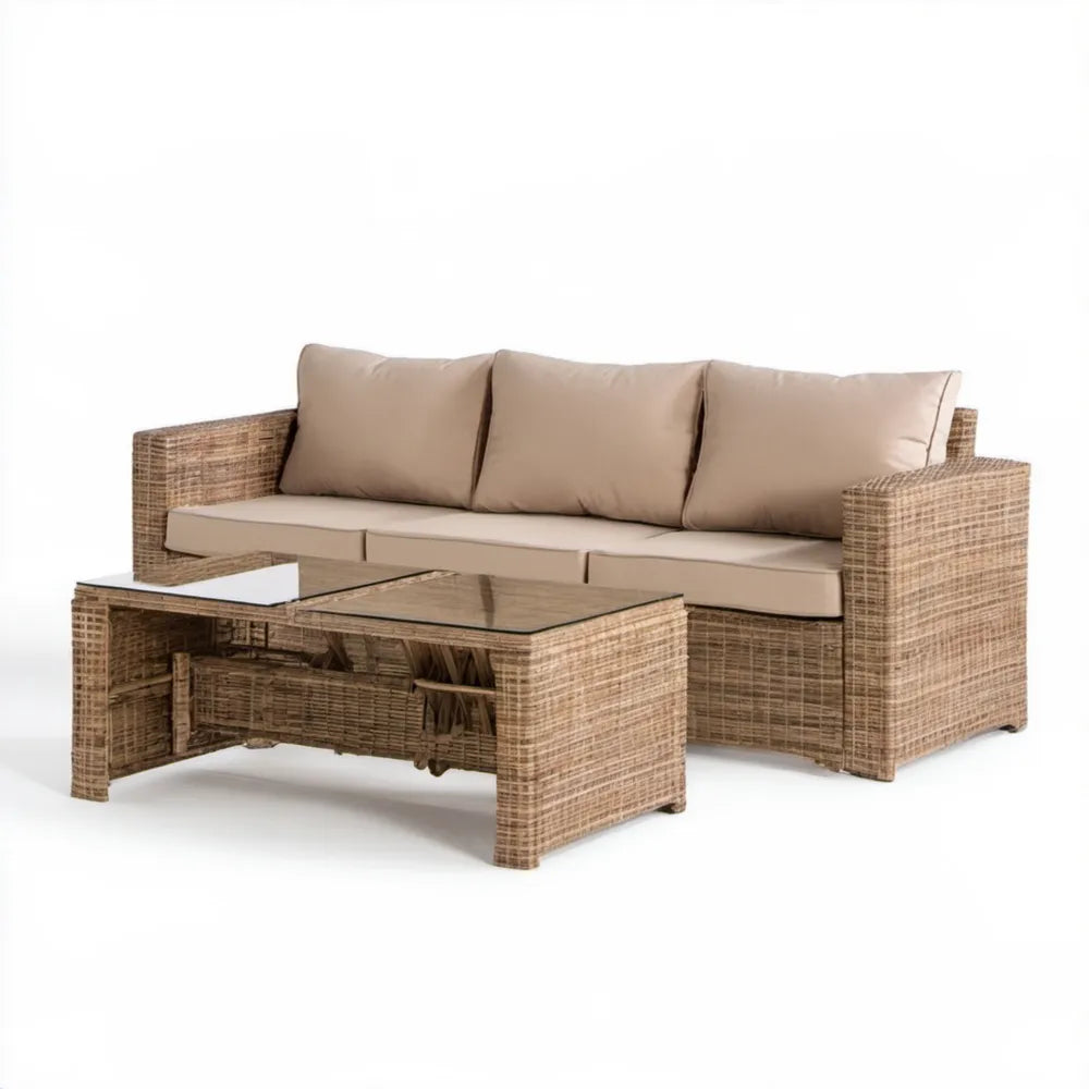 Brązowo-beżowy zestaw ogrodowy z technorattanu PE – sofa 3-osobowa 205 × 75 × 78 cm i stolik 110 × 55 × 45 cm