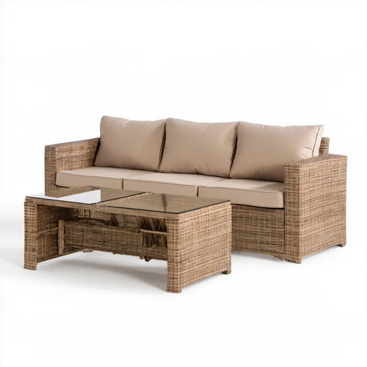 Brązowo-beżowy zestaw ogrodowy z technorattanu PE – sofa 3-osobowa 205 × 75 × 78 cm i stolik 110 × 55 × 45 cm