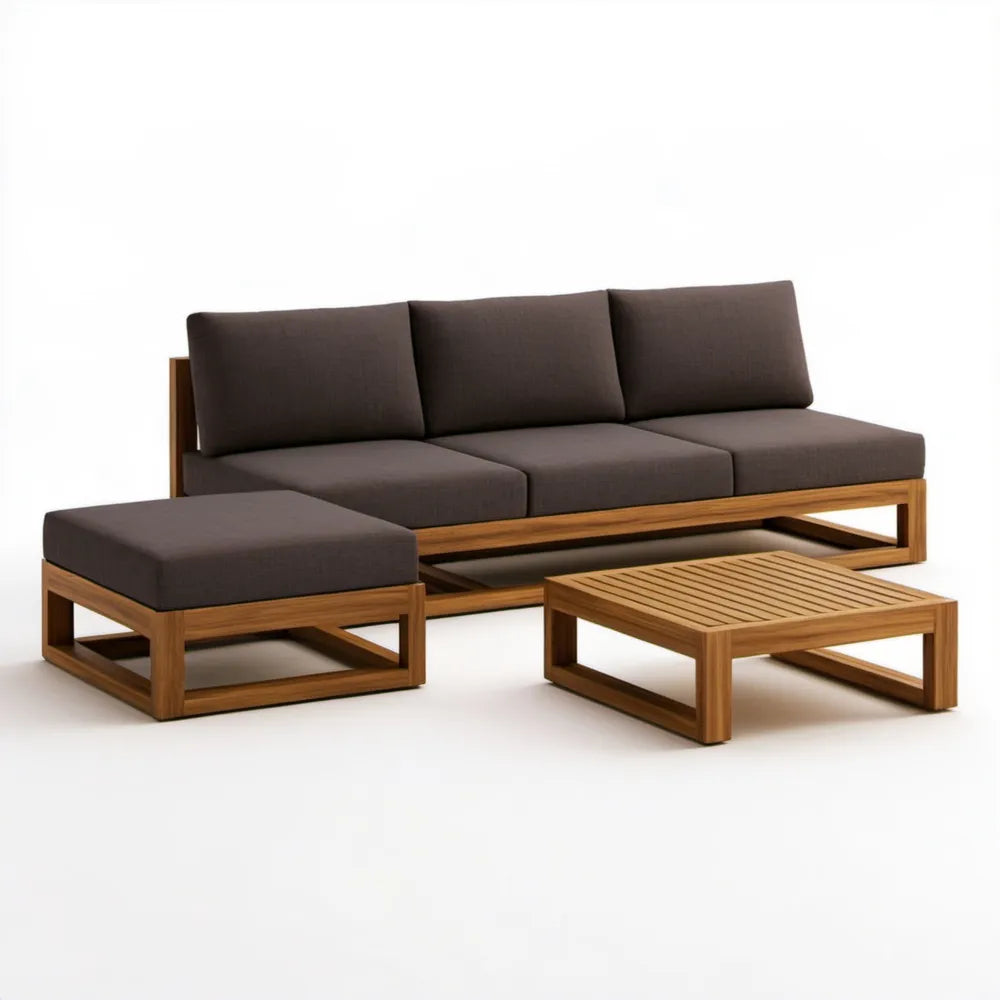 Brązowy zestaw wypoczynkowy z litego drewna tekowego, sofa 210 x 80 x 72 cm, pufa 90 x 90 x 35 cm, stolik 100 x 60 x 38 cm