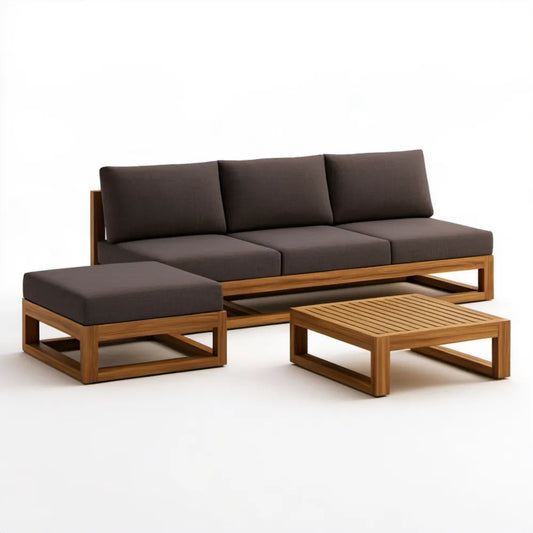 Brązowy zestaw wypoczynkowy z litego drewna tekowego, sofa 210 x 80 x 72 cm, pufa 90 x 90 x 35 cm, stolik 100 x 60 x 38 cm