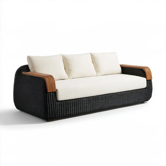 3-osobowa sofa ogrodowa z technorattanu PE czarna z kremowymi poduszkami, 200 x 85 x 80 cm