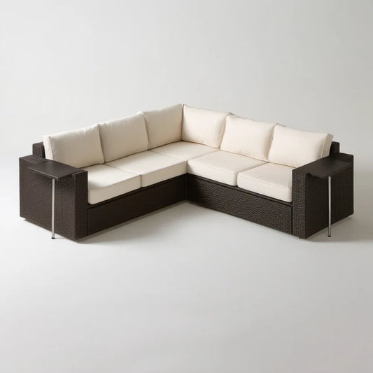Narożna sofa ogrodowa z technorattanu, ciemnobrązowa z kremowymi poduszkami, 240 x 240 x 70 cm