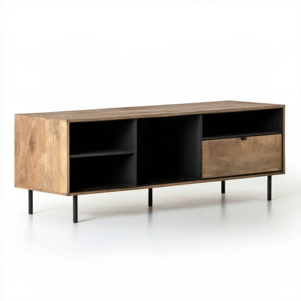 Szafka RTV z litego drewna mango, naturalna i czarna, 160 x 40 x 60 cm