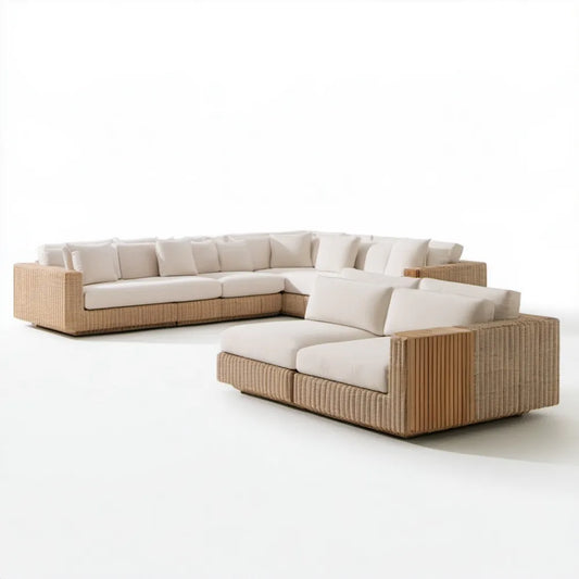 Beżowo-kremowy narożnik z technorattanu 300 × 220 × 90 cm z modułem 175 × 100 × 100 cm