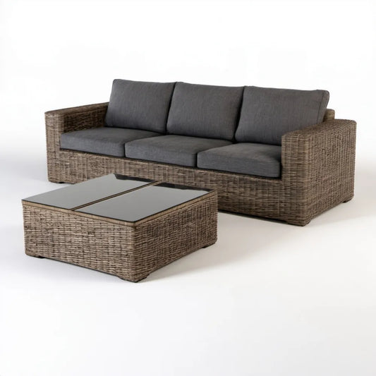 Zestaw mebli ogrodowych z technorattanu – sofa 3-osobowa i stolik, brązowy melanż/ciemnoszary/czarny, 200 × 80 × 70 cm