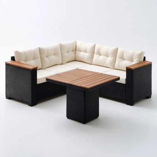 Narożnik ogrodowy z technorattanu PE ze stolikiem 200 × 200 × 65 cm, czarno-kremowo-brązowy