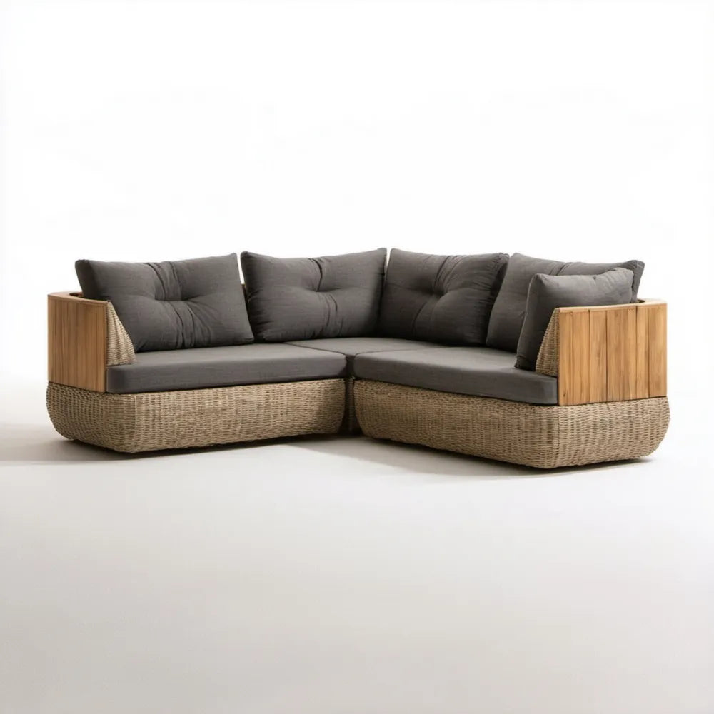 2-częściowa narożna sofa ogrodowa z technorattanu PE i drewna akacjowego, grafitowo-beżowo-brązowa, 250 x 250 x 78 cm
