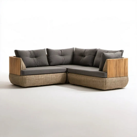 2-częściowa narożna sofa ogrodowa z technorattanu PE i drewna akacjowego, grafitowo-beżowo-brązowa, 250 x 250 x 78 cm