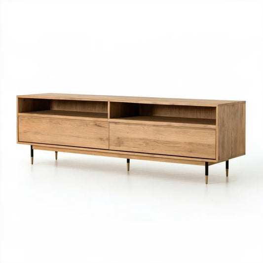 Szafka RTV z MDF fornirowanego naturalnym dębem, 180 × 40 × 55 cm, naturalny dąb/czarny/złoty