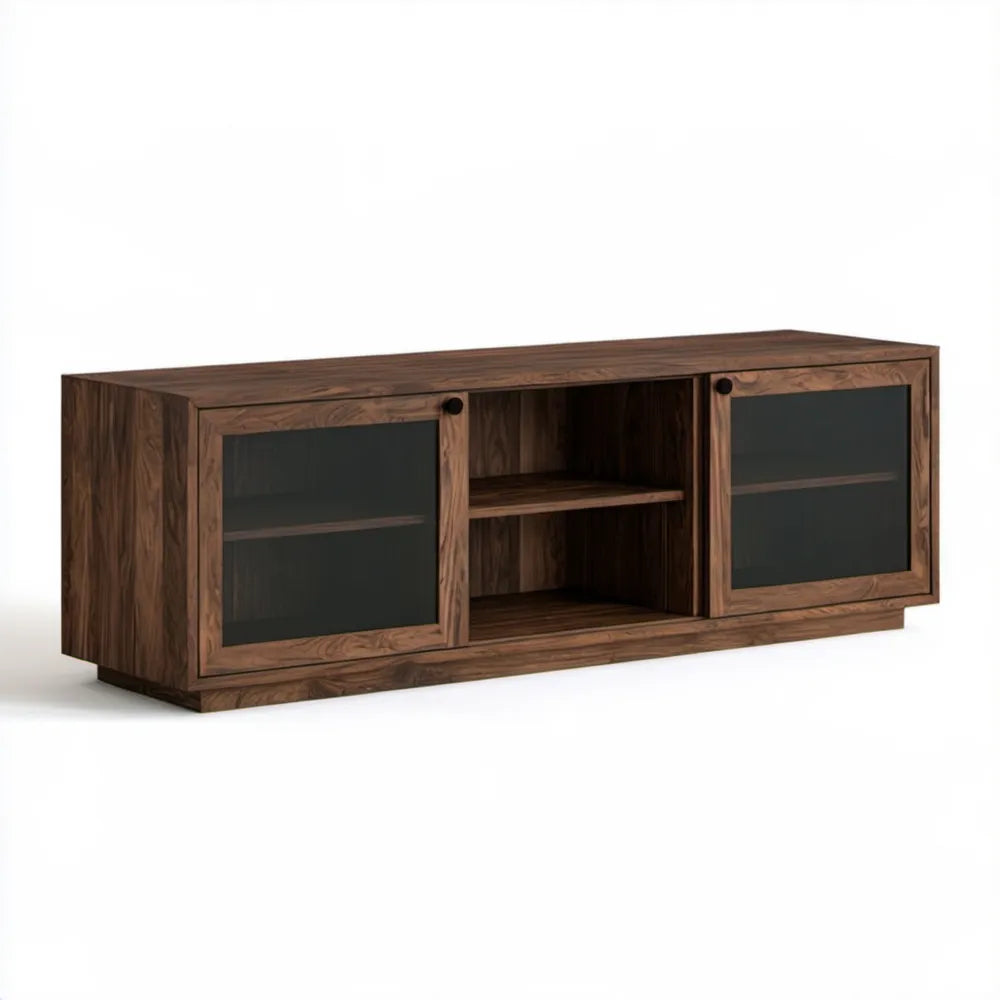 Szafka RTV z litego drewna orzechowego, ciemnobrązowa/czarna, 180 x 45 x 60 cm, z przesuwnymi drzwiami