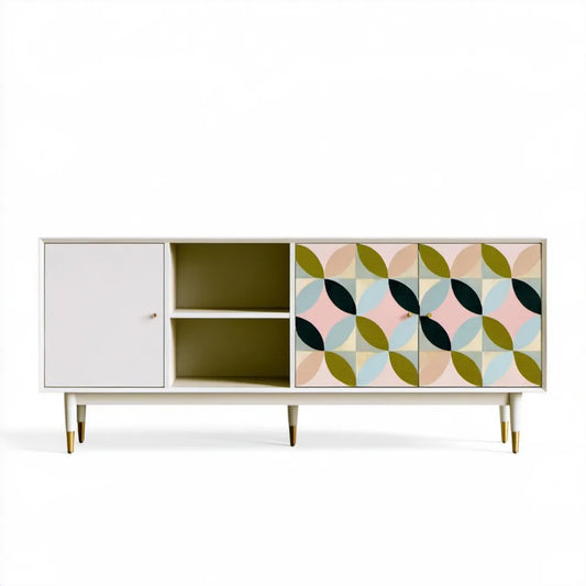 Szafka RTV retro biała z geometrycznym wzorem wielokolorowym, 160 x 40 x 75 cm