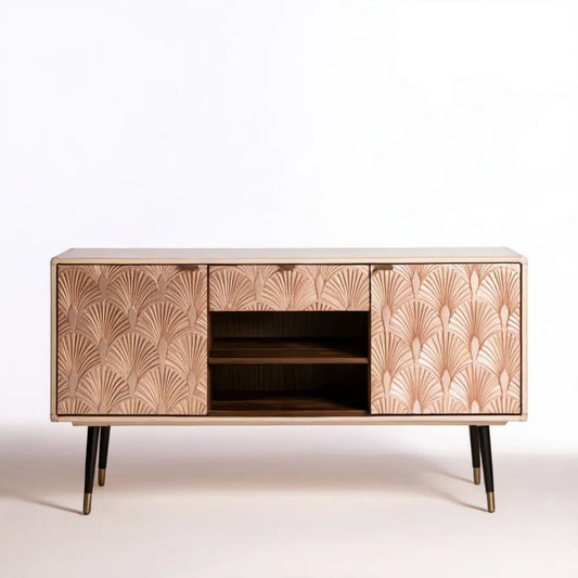 Szafka RTV retro z MDF w okleinie dębowej, beżowo-brązowo-czarna ze złotymi detalami, 160 x 40 x 75 cm