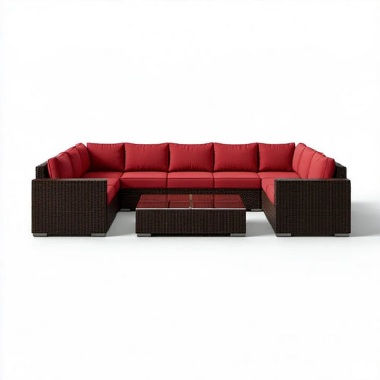 Modułowy narożnik ogrodowy z technorattanu Brązowy/Czerwony 330 x 140 x 63 cm